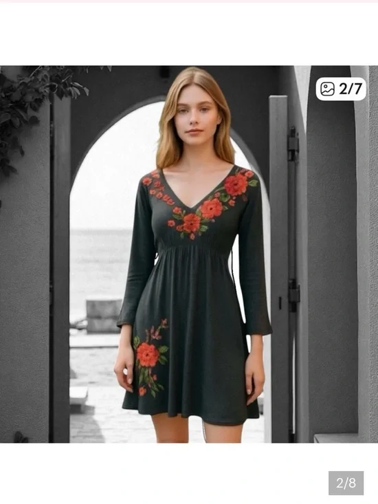 Johnny Was V-Neck Black Dress with Red Floral Embroidery - Picture 2 of 8
